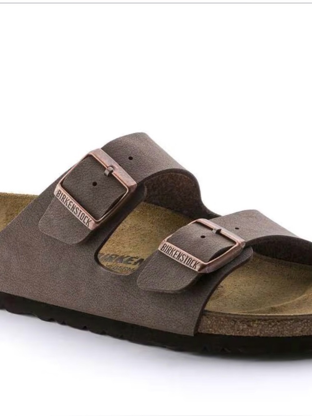 Birkenstock Regular Fit, Two-Strap “Arizona” Sandal in Mocca, Copper Buckles.